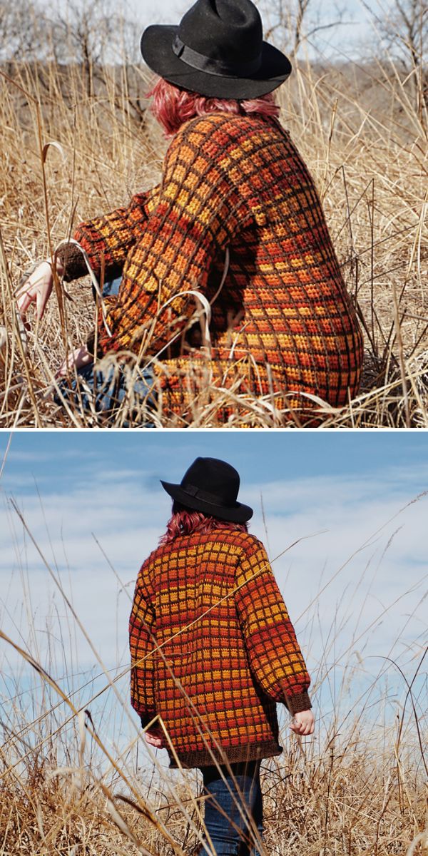 a woman on the field in a fedora and rusty colored crochet cardigan